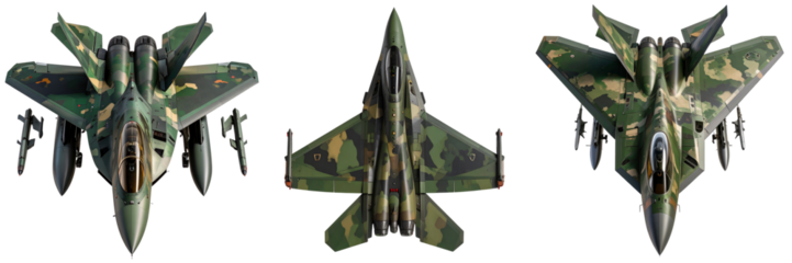 Set Of Stealth Fighter Jet Top-Down View with Angular Design and Camouflage Pattern, Transparent Background