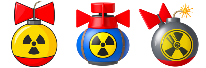 Set Of Stylized Cartoon Nuclear Bomb with Radiation Symbol, Transparent Background