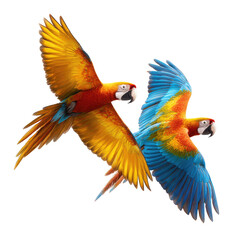 Obraz premium Two vibrant macaws soaring, yellow/orange and blue/red, wings spread wide against black
