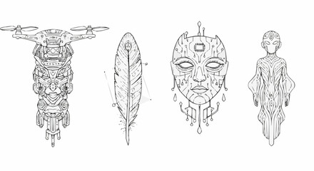 Futuristic abstract illustrations of drone, feather, mask, and figure  