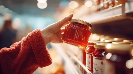 Hand holding jar of jam, selecting from supermarket shelf with blurred background, showcasing shopping
