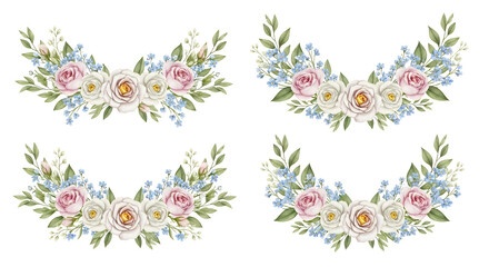 Delicate Watercolor Floral Wreath with Roses and Blue Flowers for Wedding or Event Design