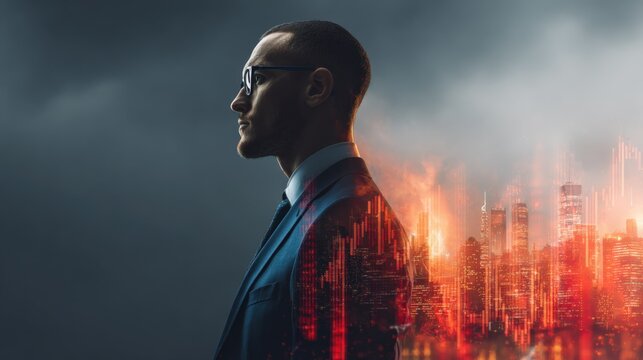Determined Businessman Gazing Forward with Cityscape Overlay, Depicting Financial Market Analysis and Strategic Vision