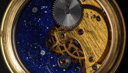 Obraz premium Celestial Timepiece: A detailed shot of a wristwatch revealing intricate gears and a dial design reminiscent of the cosmos, embodying precision and timeless elegance.