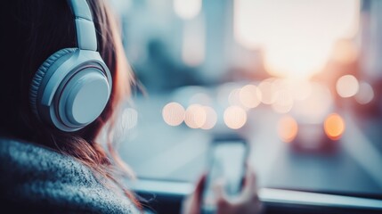 Woman enjoying music with headphones while commuting in the city at sunset, showcasing modern lifestyle
