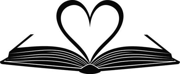 Open Book with Heart Shaped Pages Silhouette on Transparent Background