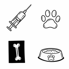 Fototapeta premium Veterinary syringe, paw print, dog bone, and pet food bowl icons 