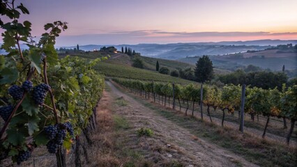 Naklejka premium Harvesting serenity a quiet vineyard at dusk grape-filled vines in tranquil surroundings