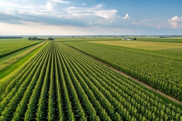 Aerial view of perfectly aligned corn rows stretching to the horizon agricultural landscape photography open fields bird's eye perspective crop cultivation