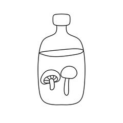 A bottle of mushroom juice with two mushrooms on the label