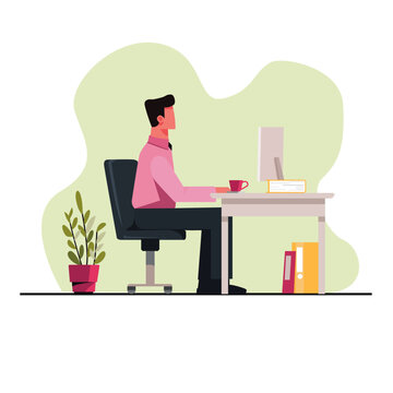 Professional Man Working At Desk With Computer, Books, Coffee Mug, And Plant In Modern Office Setting