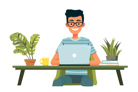 Smiling Young Man Working At Desk With Laptop And Green Plants In Cozy Home Office