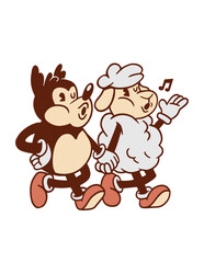Two cartoon animals running with music notes