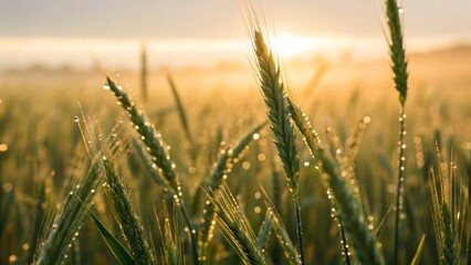 Obraz premium Captivating closeup of dewdrops on fresh wheat stalks at sunrise agricultural field nature photography bright atmosphere macro viewpoint serenity and growth