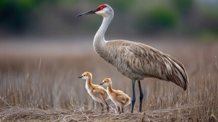Fototapeta premium Two adult sandhill cranes walk beside a fuzzy chick in a wetland meadow. Warm plumage, long beaks, and soft bokeh background capture intimate family wildlife behavior