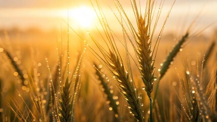 Fototapeta premium Captivating closeup of dewdrops on fresh wheat stalks at dawn nature photography outdoor landscape macro view freshness and vitality