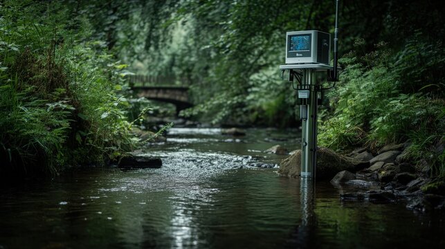 Automated water monitoring station stands in a forest stream, measuring flow and quality. Environmental IoT sensor with display, remote telemetry, and rugged design
