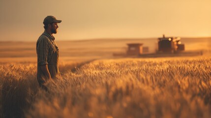 Young farmer in dusty overalls stands in golden wheat field at sunset, combine harvester blurred behind. Rural agriculture portrait with warm light and authentic grit
