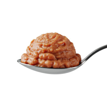 Polished silver spoon holds smooth refried beans, creamy, on clean transparent background, soft studio light, razor-sharp macro focus, gourmet food product concept