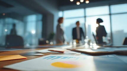 Financial charts and pen on a boardroom table with executives discussing strategy in the background. Corporate planning, analytics, quarterly review and business growth