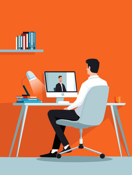 Professional Business Meeting Scene With Computer Video Conference And Office Accessories