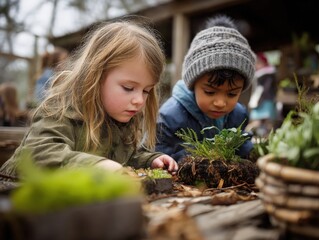 Children learning about nature outdoors, focused on planting moss and seedlings at a rustic table in a forest classroom. Environmental education, curiosity, teamwork, and ecology