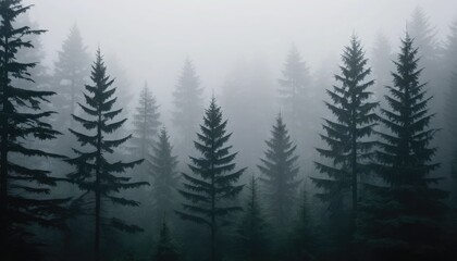 Fototapeta premium Dense Forest with Silhouetted Pine Trees in Mist image