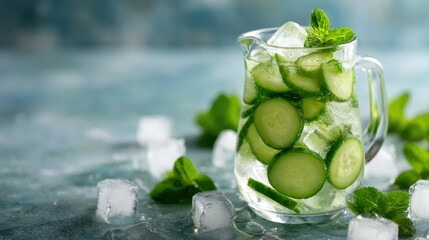 A refreshing pitcher filled with cucumber slices and mint leaves, complemented by ice cubes, creating a visually appealing drink for hot summer days and a healthy lifestyle.