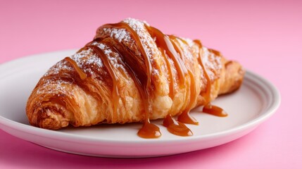 A delectable croissant drizzled with warm caramel sauce sits on a light pink plate, offering a visual delight of pastry that evokes indulgence and sweet moments.