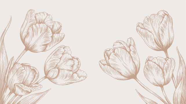 A delicate and elegant line art illustration of blooming tulips, offering a serene botanical aesthetic with soft, earthy tones perfect for sophisticated design projects. - Powered by Adobe