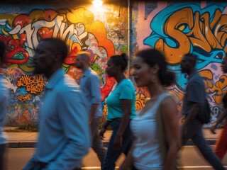 Vibrant street procession in the urban heart, illuminated by night and adorned with colorful graffiti