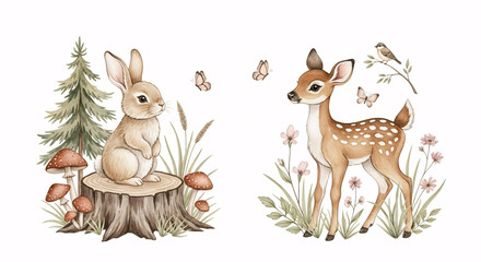 Fototapeta premium Cute Bunny and Baby Deer Illustration with Forest Elements like Mushrooms, Flowers, Tree Stump and Butterflies on White Background 