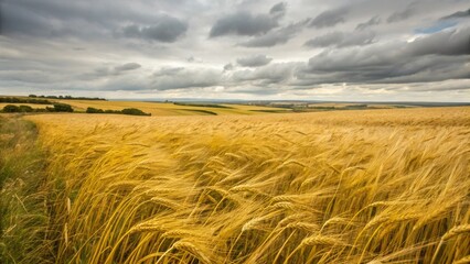 Swaying golden barley fields under cloudy skies a serene agricultural landscape experience