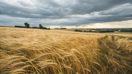 Gentle breeze caresses golden barley field rural landscape nature photography overcast sky scenic view tranquil beauty