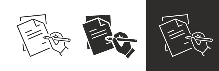 flat and linear set icons, pencil in hand and business document or report job, writing legal contract icon, resume finance process, simple symbols on white and black background, vector illustration