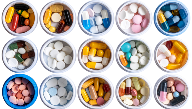 Top View of Colorful Pills and Tablets in Open Round Pillboxes