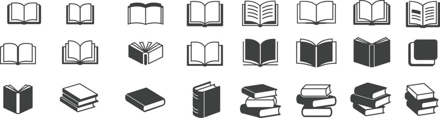 Book icon vector set with open and closed books, stack of books, reading symbols, education and library graphic collection, black outline designs