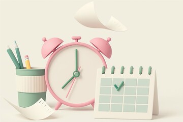 Cute pastel alarm clock and calendar with pencils and a whimsical bird