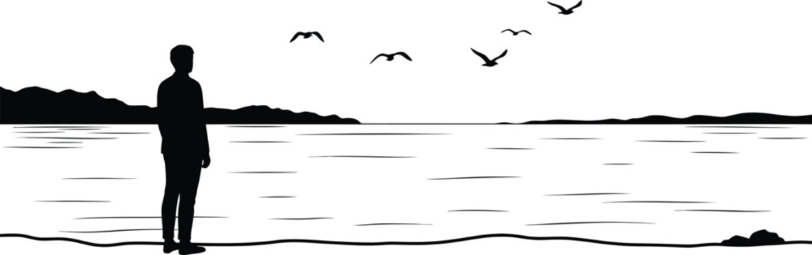 Silhouette of a Person Watching Birds Fly Over the Sea on Transparent Background