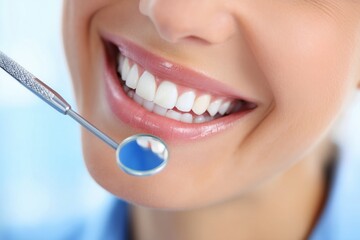 Fototapeta premium Healthy smiling mouth reveals perfect white teeth with dental mirror.
