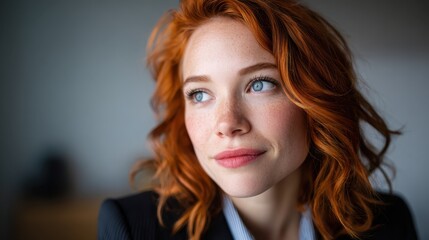 A close-up portrait of a beautiful red-haired woman with striking blue eyes, exuding confidence and grace, set against a softly blurred background for emphasis on expression.