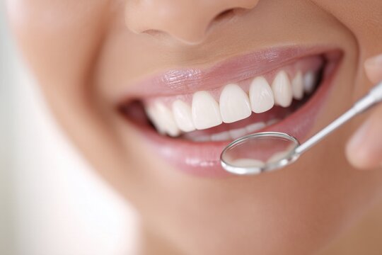 Female smiles showing bright white teeth. Dental mirror reflects clean mouth, perfect dental health.