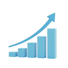 Blue 3d bar chart with upward trend arrow isolated on transparent background