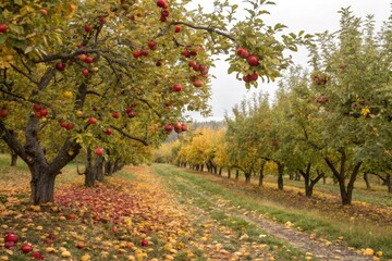 Naklejka premium Harvesting red apples in an orchard with vibrant leaves turning colors scenic landscape autumn atmosphere nature's bounty