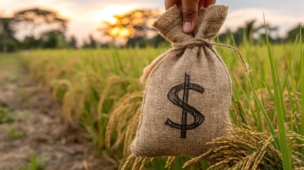 A burlap sack, imprinted with a dollar sign, is held against a backdrop of a golden rice paddy at sunset.