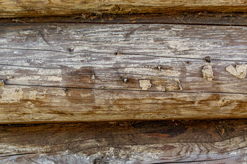 Naklejka premium Close up of weathered wooden logs reveals cracked, aged surfaces with peeling paint. Texture highlights natural decay, wood grain, and rustic character, emphasizing aged construction materials.