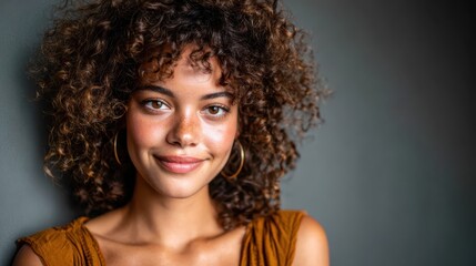 A gorgeous woman with curly hair and a warm smile, posed against a neutral gray backdrop, showcasing her natural beauty and inviting personality in a simple yet effective style.