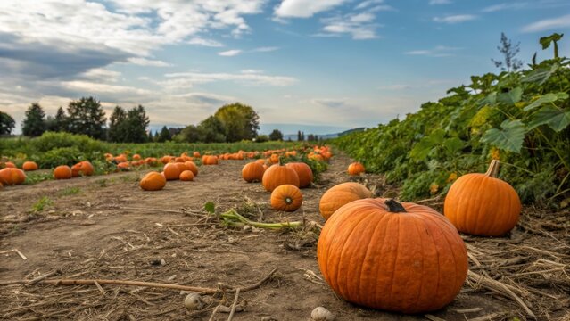 Harvesting joy exploring a vibrant pumpkin patch with orange pumpkins scattered across dry fields in autumn's embrace
