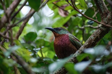 A colorful bird perched in a lush, green forest