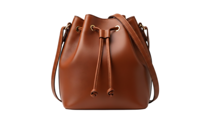 Brown leather drawstring bucket bag isolated on transparent background